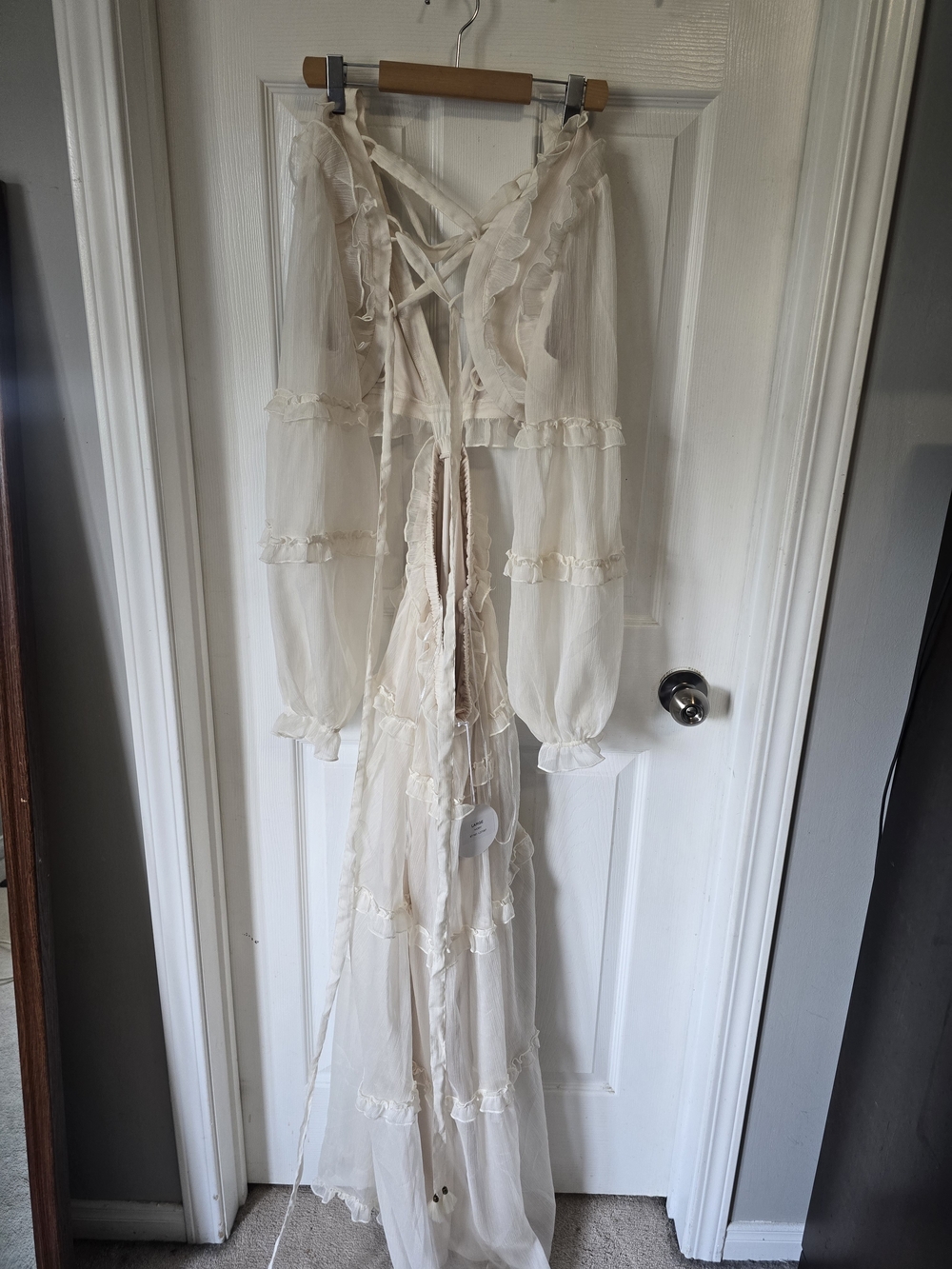 Romantic Cream Ruffle Maxi Dress with Lace-Up Back - Picture 2 of 5